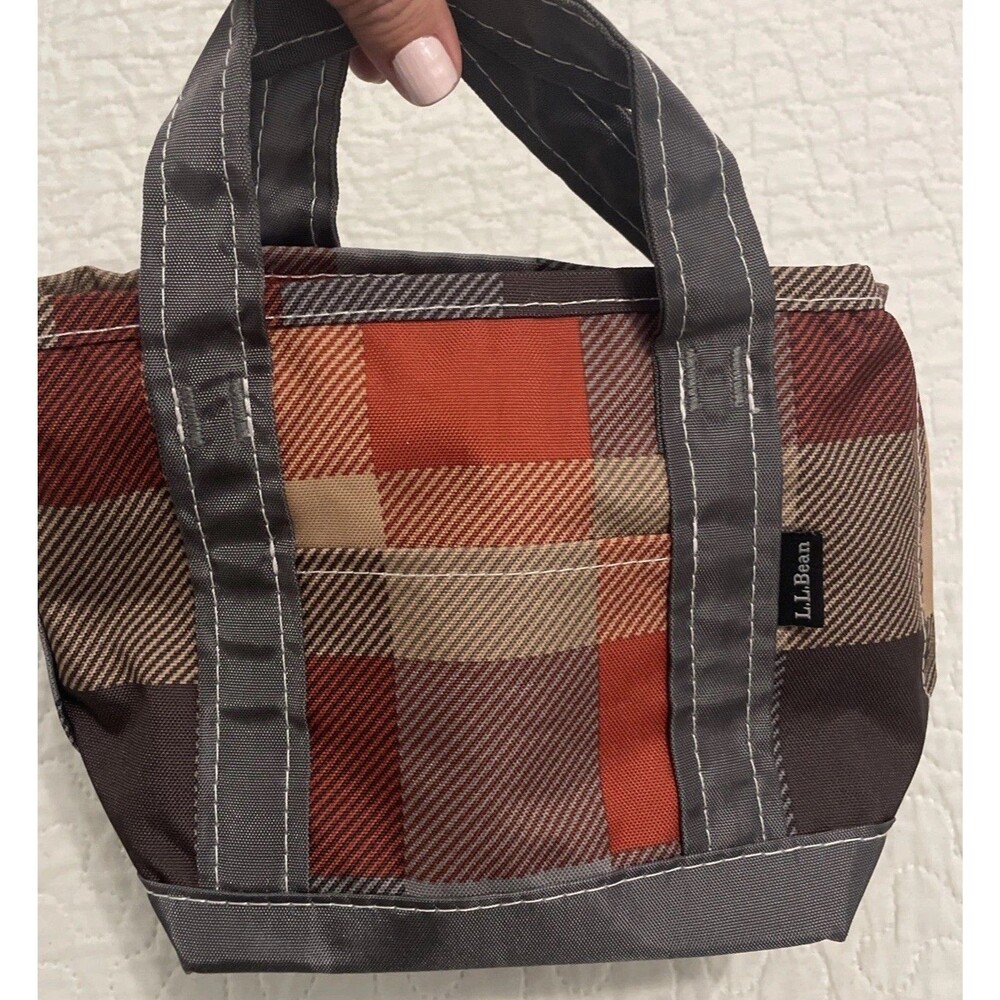 LL Bean Mini Tiny Tote Bag Nylon Brown Red Multi Plaid Ziipper Washable See Pics